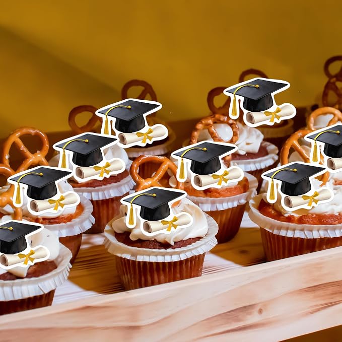 48pcs Edible Graduation Cap Cupcake Toppers Wafer Paper Gold Grad Cap Diploma Cake Decorations Edible Grad Cap Cupcake Picks for 2026 Graduation Theme Party Cake Decor Supplies