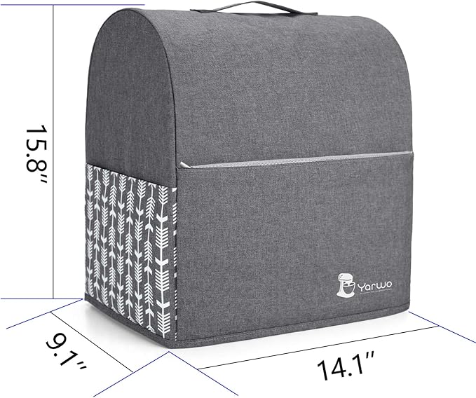 YARWO Stand Mixer Dust Cover Compatible with KitchenAid Mixer 6-8 Quart | Top Handle, Side Pockets for Kitchen Supply, Dust-proof Protective Cover for Bowl-Lift 5.5/6/7 qt, Washable, Gray with Arrow