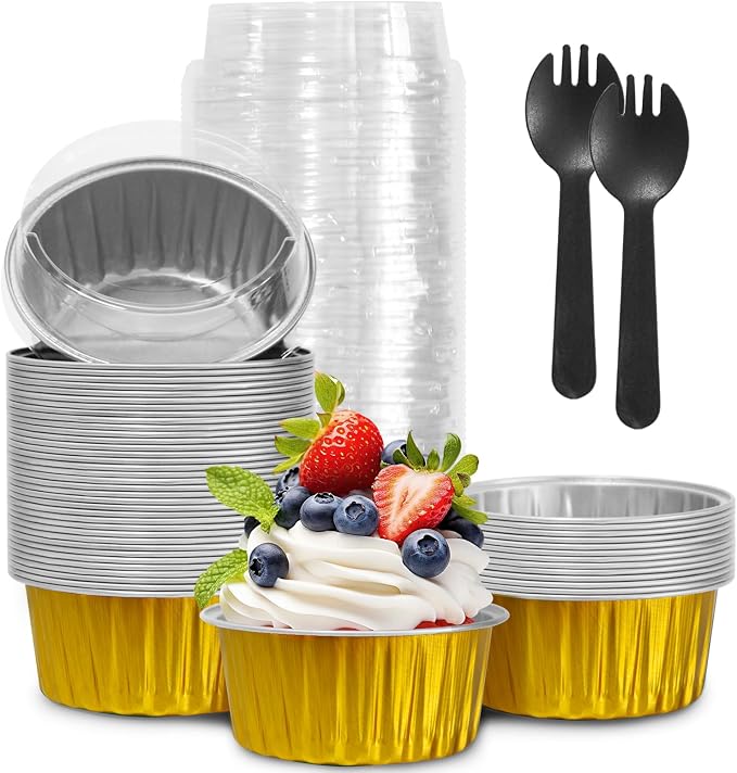 Graduation Party 50Pcs Mini Aluminum Foil Cupcake,5oz Baking Cups with Lids,Mini Cake Pans Disposable,Loaf Pans with Lids,Disposable Ramekins,Tin Cups Containers for Cupcake,Pudding,Muffin (Gold)