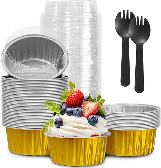 Graduation Party 50Pcs Mini Aluminum Foil Cupcake,5oz Baking Cups with Lids,Mini Cake Pans Disposable,Loaf Pans with Lids,Disposable Ramekins,Tin Cups Containers for Cupcake,Pudding,Muffin (Gold)