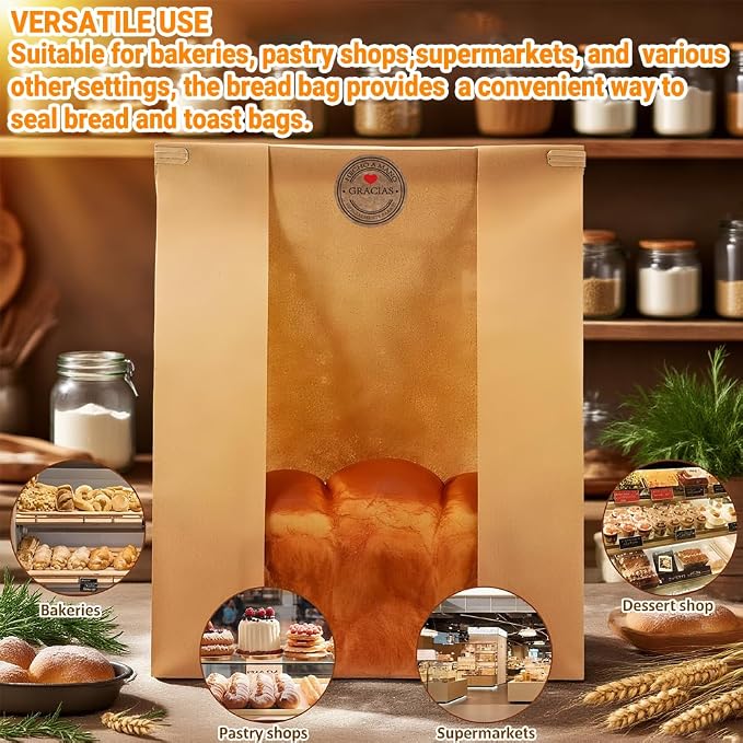 Sourdough Bread Bags with Tin Tie Lock 120 Pack 11.8x3.5x4.7 Inch Paper Bread Bags for Homemade Bread Cookie Bags with Clear Window 1000 Labels Bakery Bags for Bread Storage Baked Goods Packaging
