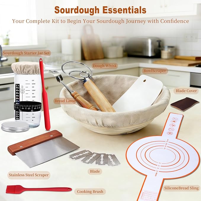 Sourdough Starter Kit with Banneton Bread Proofing Basket, 9” Round Banneton with Liner, 24 oz Starter Jar, Bread Lame, Dough Whisk & Sourdough Baking Supplies