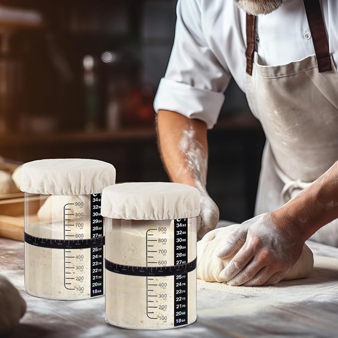 Yungyan 2 Sets Sourdough Starter Jar 34 oz Sourdough Starter Kit with Thermometer, Scraper, Cloth Cover and Bamboo Lid Wide Mouth Sour Dough Jar Container Bread Kit