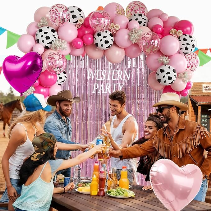 157Pcs Pink Cow Print Balloons Garland Arch Kit with Pink Fringe Curtain for Cowgirl Baby Shower First Rodeo Farm Wedding Birthday Party Decorations