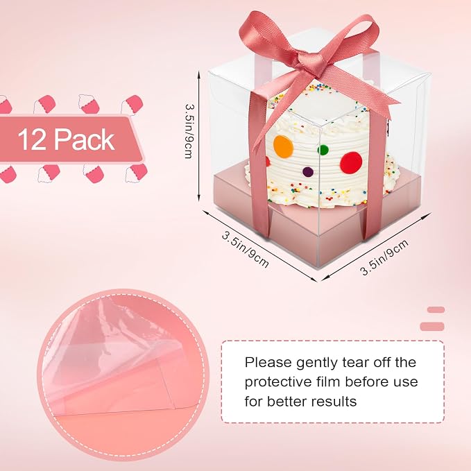 12 Pack Clear Plastic Cupcake Boxes, 3.5 Inch Gold Single Cupcake Containers Disposable Individual Cup Cake Carrier Holder Boxes with Inserts and Ribbon (Rose gold)