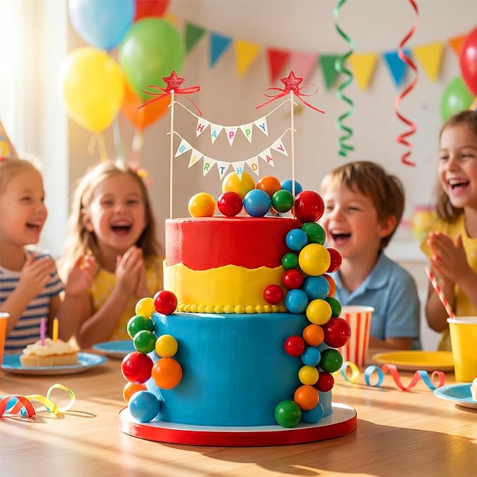 31 Pcs Happy Birthday Cake Topper Cake Bunting Topper Banner with Wood Pole Rainbow Garland with Bow Ribbon Balloon, Mini Cupcake Decor for Birthday Baby Shower (Rainbow Color)
