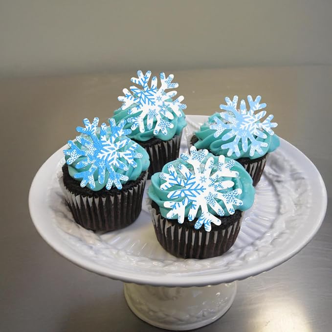 Gyufise 50Pcs Edible Snowflake Cupcake Cake Toppers Wafer Paper Snowflake Cake Decorations for Christmas Winter Frozen Theme Party Supply Decoration Multi Blue