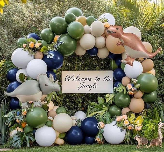 Navy Blue Green Balloon Garland Double Stuffed Sage Green Nude White Balloon Blue Tan Avocado Latex Arch Kit for Birthday Dinosaur Jungle Safari Wild Baby Shower Graduation Decorations