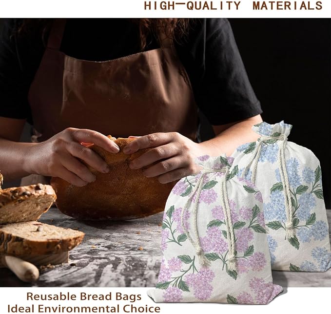 UTELKA Flroal Bread Bag for Sourdough Bread 2Pcs, Hydrangea Reusable Beeswax Homemade Bread Bags for Baker Mom Women Kitchen Housewarming Gifts, Cloth String Storage Bread Box 16.5x12