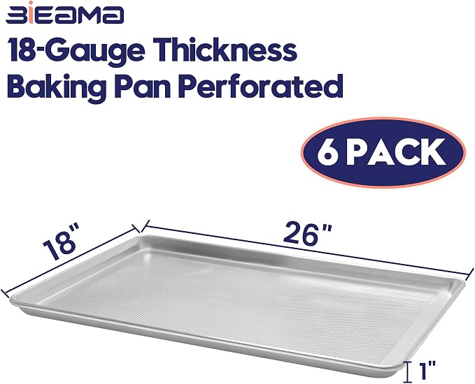 BIEAMA 6 Pack Full Size 18" x 26" Aluminum Baking Sheet Pan Perforated, Commercial Bakery Equipment Cookie Sheets, NSF Approved Baking Tray