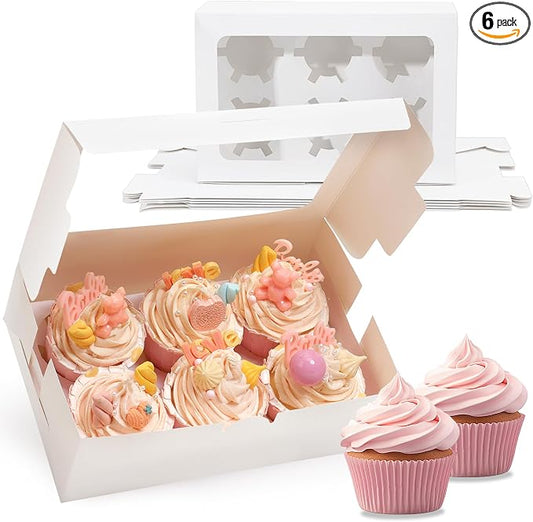 TOMNK 6 Count White Cupcake Boxes with Window - 36 Total Capacity Cupcake Carrier Sets for Birthday Holiday Party Bakery Supplies