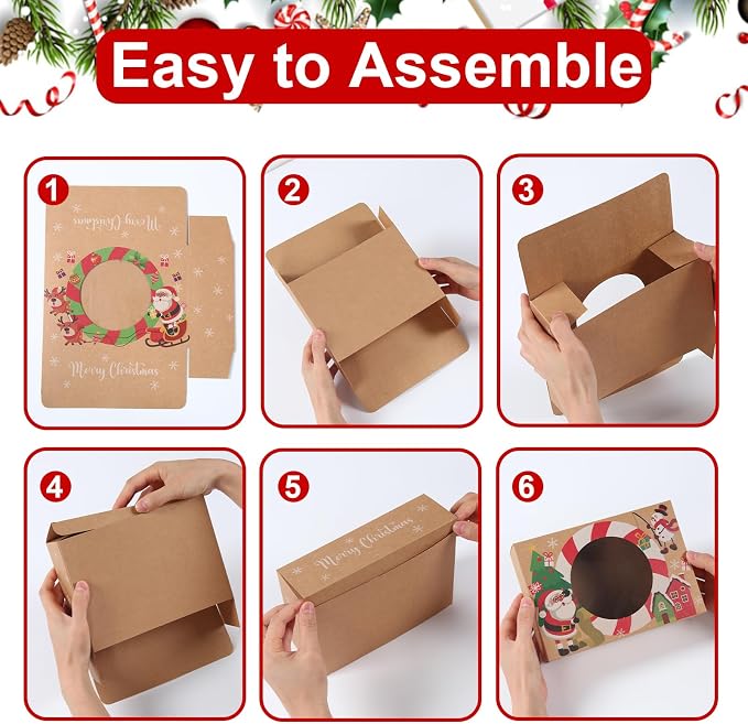 Patimate 12pcs Christmas Cookie Boxes for Gift Giving, 3 Style Brown Kraft Paper Bakery Boxes with Window, Xmas Holiday Treat Containers With Lids for Cookie Cupcakes Donuts Candy