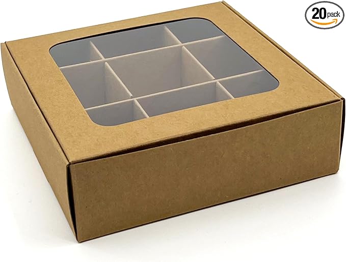 20pcs Kraft Treat Boxes with Window and Dividers | 9 X-SMALL compartments | 5 x 5 x 1.57 in | Empty candy boxes for gift giving, truffle box - perfect for Valentine's Day