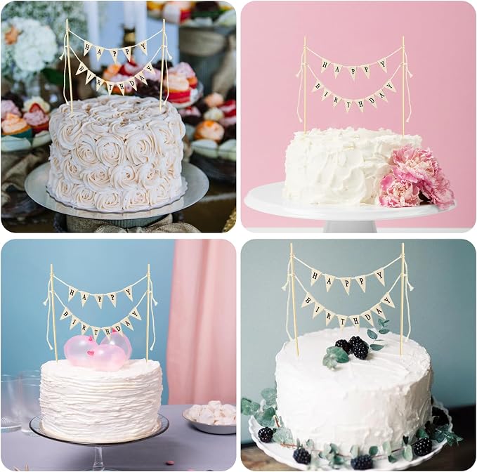 Happy Birthday Cake Toppers Bunting Happy Birthday Cake Banner Garland | Happy Birthday Sign For Cake Decoration Happy Birthday Topper For Bouquet With Wood Pole Beige