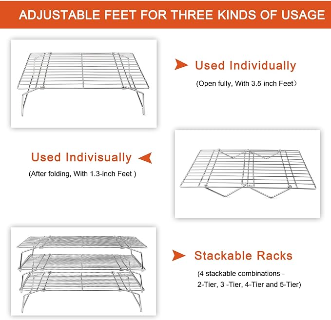 P&P CHEF Cooling Rack, 5-Tier Stainless Steel Stackable Baking Cooking Racks for Cooling Roasting Grilling, Collapsible & Heavy Duty, Oven Safe & Easy Clean, 15" x 10", Silver