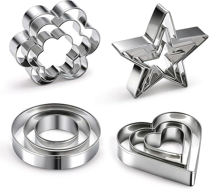12 Pcs Professional Stainless Steel Cookie Cutters Set - Heart, Flower, Round, Star Shapes Metal Biscuit Cutter, Essential Baking Tools for Dough Preparation