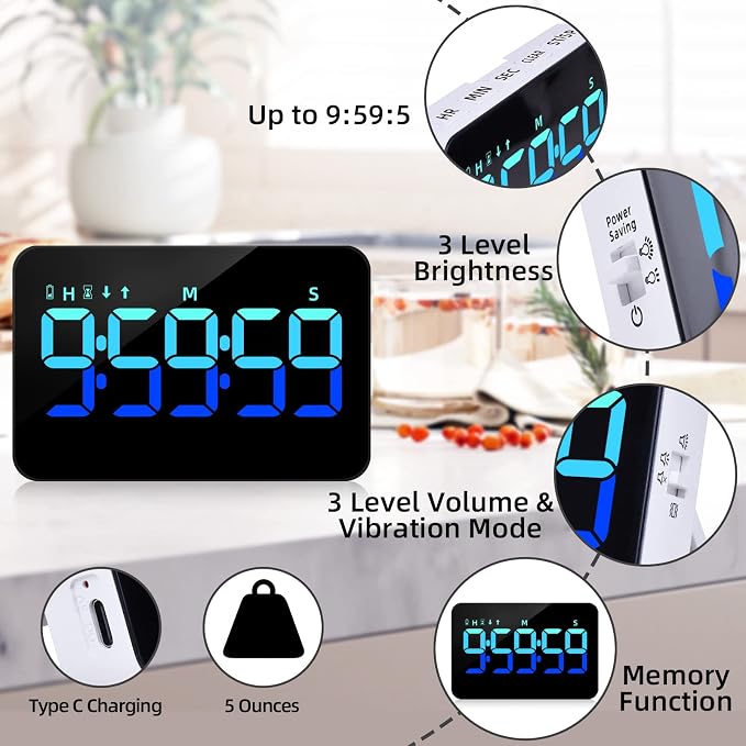 PERSUPER Kitchen Digital Timer, Count Down Up, Rechargeable, Vibration Mode Adjustable Volume and Brightness LED Display, Time Management Cook, Desk, Kids Adults Study Teaching, Kitchen Gadgets Blue