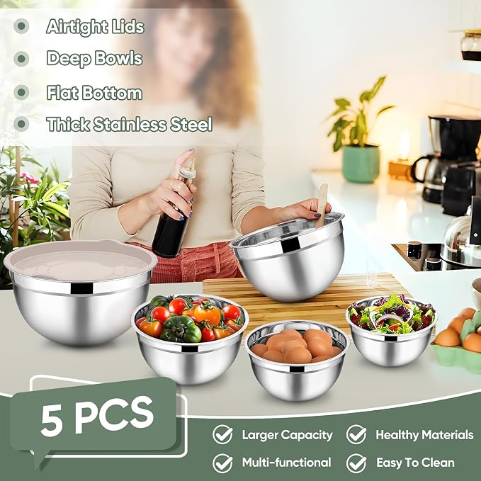 TeamFar Mixing Bowls with Lids, 5-Piece Stainless Steel Metal Nesting Salad Bowl for Mixing Prepping, Healthy & Heavy Duty, Airtight Lids & Dishwasher Safe, 4.5/3/1.5/1/0.7 QT-Khaki