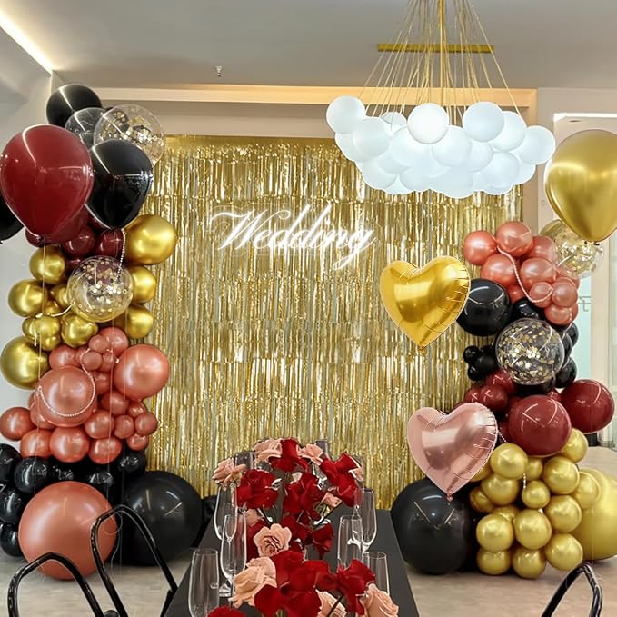 157PCS Burgundy Gold Black and Rose Pink Balloons Arch Garland Kit with Gold Fringe Curtain for Women Girls Birthday Bridal Shower Wedding Valentine's Day Party Decorations