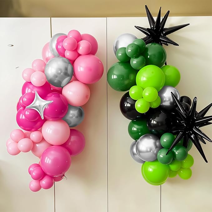 Pink Green Black Balloon Arch Kit with Star Foil Balloons, 155 PCS Witch Theme Party Balloon Garland for Girls Princess Witch Theme Birthday Party Backdrop Decorations Supplies