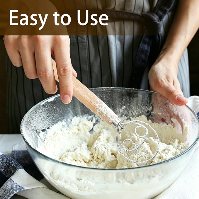 2 Pcs Danish Dough Whisk, Stainless Steel Hook Dutch Hand Whisk for Sourdough Bread Wooden Handle Dough Mixer, Baking Supplies for Cake Pizza Kitchen Tools(2 Holes)