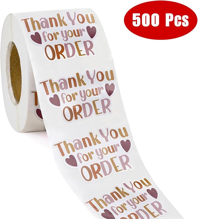 WRAPAHOLIC 1.8 x 1.1 Inch, 500 Total Business Stickers Roll- Brown Thank You for Your Order Text Design, Thank You Lables, Shipping Stickers for Party Decorations