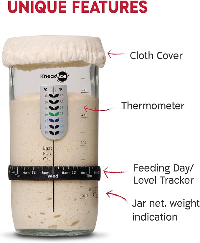 KneadAce Sourdough Starter Kit – 24oz Starter Jar, 2 Cotton Rope Banneton Proofing Baskets, Magnetic Bread Lame for Scoring – Gift for Bakers & Complete Sourdough Bread Baking Set