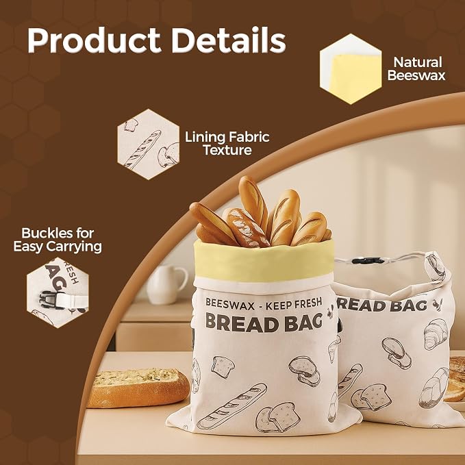 YARRAMATE Reusable Beeswax Bread Bags for Homemade Bread & Sourdough, 2 Pack XL 17x13in Linen Organic Bread Storage Bags for Loaf, Baguette, Bagels and Sandwich Bread, Freezer Safe, Brown
