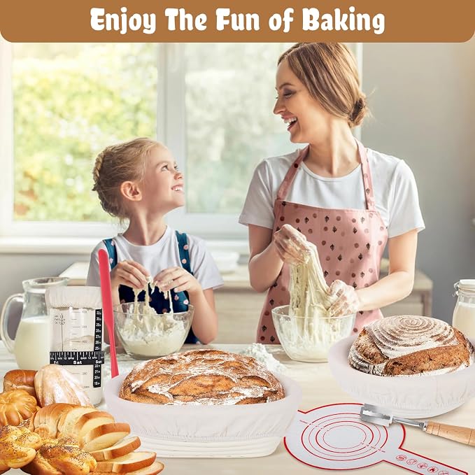 Sourdough Starter Kit, Banneton Bread Proofing Basket Baking Gift Set, Sourdough Bread Baking Supplies, Sourdough Tools with Starter Jar, Bread Sling, Bread Lame, Bread Making Tools