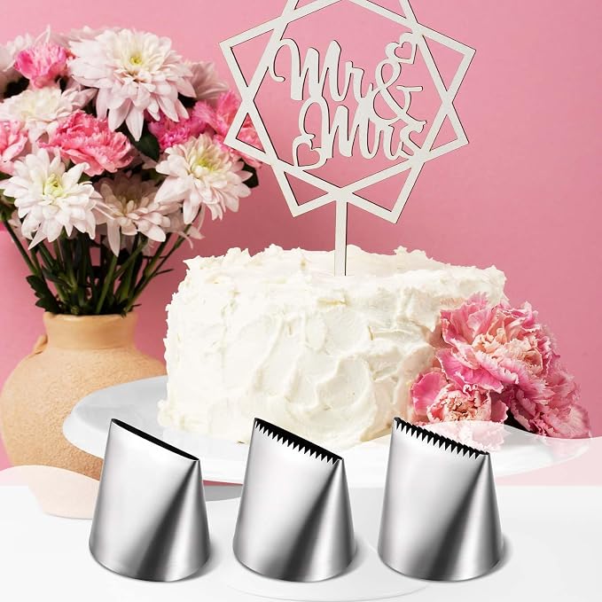 Ptwola 3 PCS Piping Tips Set Large Frosting Piping Kit Stainless Steel Cake Icing Nozzles Tips Decorating Tools Silver Pastry Bags Tips Accessories for Cookie Cupcake Baking Buttercream Supplies
