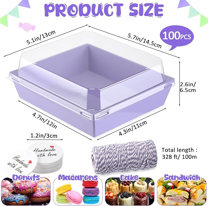 Outus 100 Pack Charcuterie Boxes with Clear Lids, Paper Dessert Boxes to Go with Gift Tags Rope Disposable Party Favor Treat Food Containers for Cookies, Donuts, Muffins, Salad, and Pastry
