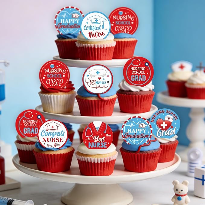 48pcs Edible 2026 Nurse Graduation Cupcake Toppers Wafer Paper Congrats Grad Nurse Cake Decorations Edible Class of 2026 Cupcake Picks for 2026 Graduation Theme Party Cake Decor Supplies
