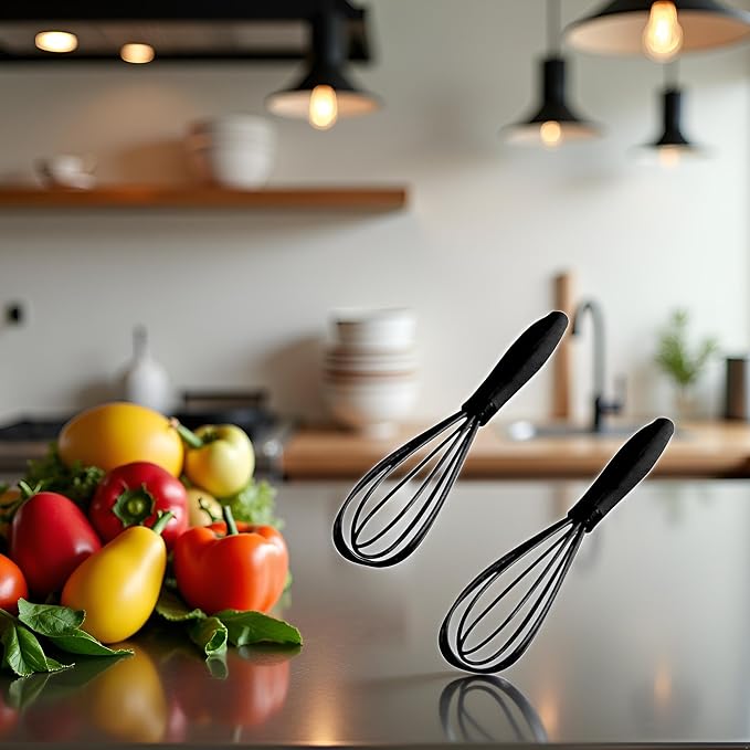 2Pcs Black Mini Silicone Whisk, 6.7inch Non-Scratch Non-Stick, Milk and Egg Beater Blender, Hand Egg Mixer, Kitchen Tool for Cooking, Baking, Mixing, Stirring, Kitchen Utensils