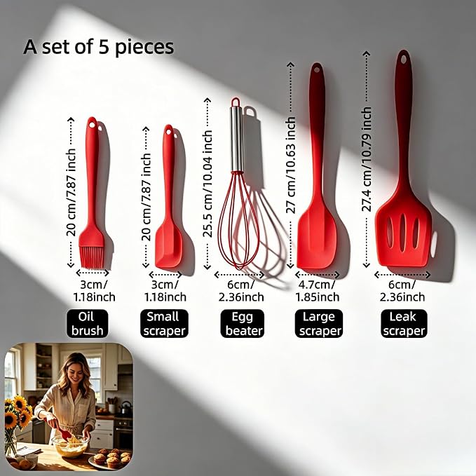 6-Piece Silicone Spatula Set, Heat Resistant Up to 230°C, Non-Scratch Non-Stick Cookware, Seamless One-Piece Design,with Pastry Brush for Baking Cooking Mixing (Red)