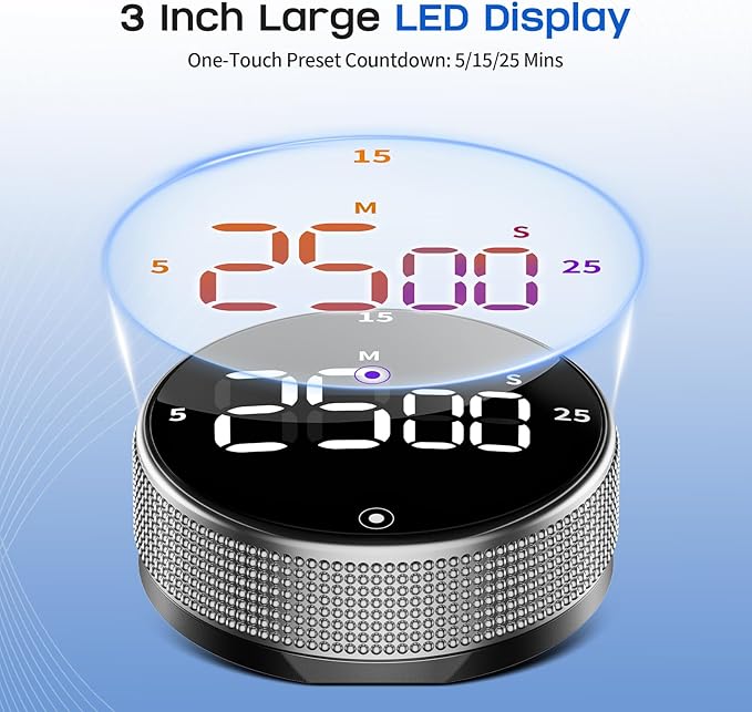 Seniny Digital Kitchen Timer with Magnetic - Visual Timer with Large LED Display, Pomodoro Classroom Timers with 3-Preset Times, Volume Adjustable, Countdown & Count Up Timers for Cooking