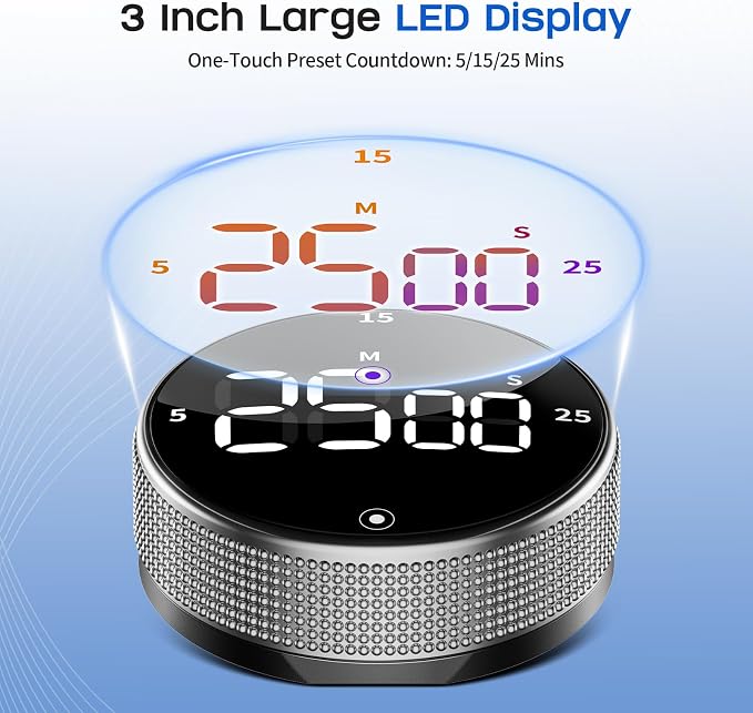Seniny Digital Kitchen Timer with Magnetic - Visual Timer with Large LED Display, Pomodoro Classroom Timers with 3-Preset Times, Volume Adjustable, Countdown & Count Up Timers for Cooking