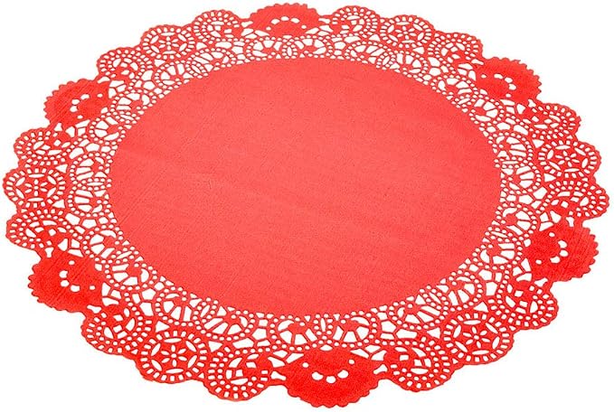 Restaurantware Pastry Tek 12 x 12 Inch Lace Doilies 100 Decorative Tableware Placemats - Disposable Round Red Paper Table Doilies For Birthdays Or Weddings Table Decor