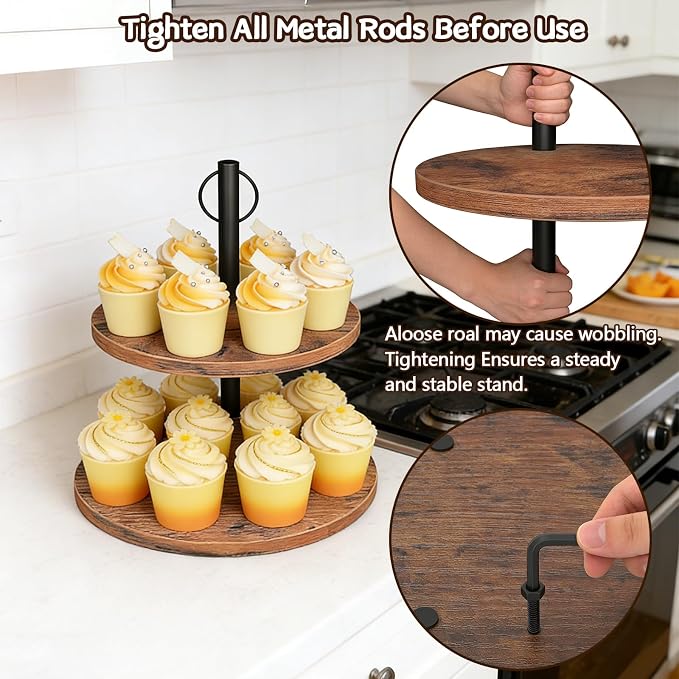 Cupcake Stand, 2 Pack Rustic Wood Cake Stand, 2 Tier Cupcake Tower Round Tiered Tray Stand for Dessert Table Display, Industrial Wooden Serving Stand Wedding, Graduation and Baby Shower