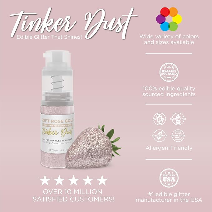 Bakell - Soft Rose Gold Tinker Dust (4g, 1x Mini Spray Pump) Edible Glitter for Food, Desserts, and Baked goods!