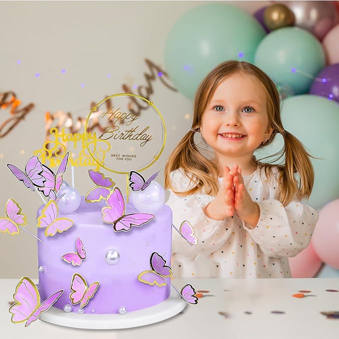 60Pcs Butterfly Cupcake Topper Purple Gold, Lively 3D Butterflies with 2Pcs Happy Birthday Topper for Cake Decor Birthday Anniversary Kids Wedding Girl Women Party Wall Food Decorations,Mixed Size