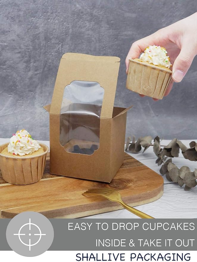 Individual Cupcake Boxes Brown with Window 30pcs for Mini and Standard Cupcakes, Auto-Popup Mini Cupcake Containers with Insert 3.5" x 3.5" x 3.5" for Birthday Baby Shower Gifting