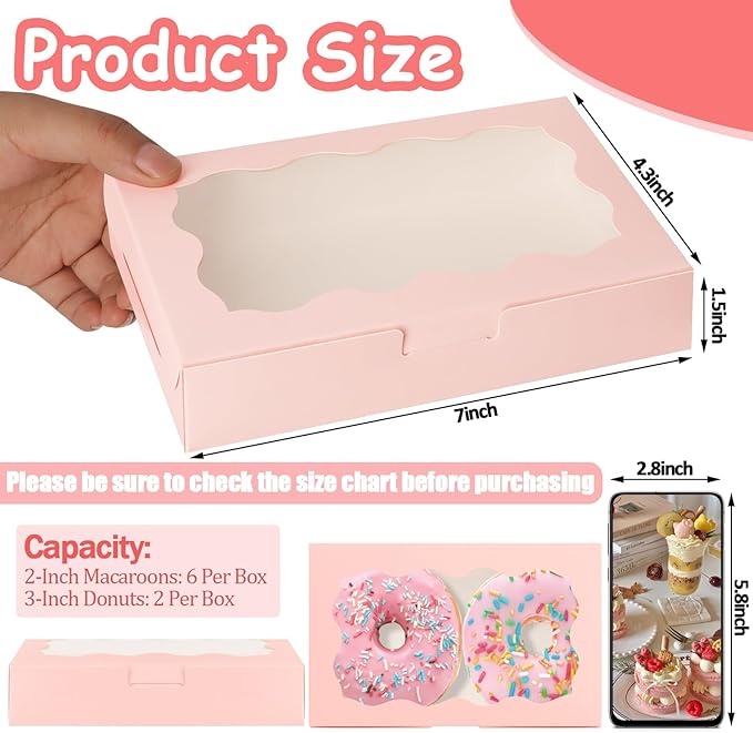 60Pcs 7 x 4 3/8 x 1½ Inch Cookie Boxes with Clear Window Small Pink Cookie Boxes Bakery Treat Boxes for Dessert, Donuts, Pie, Candy, Macaron
