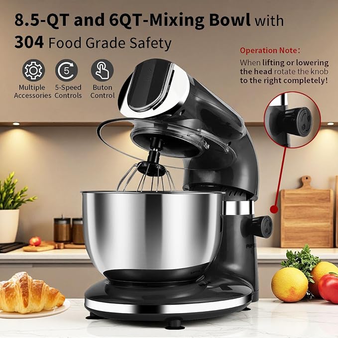 Stand Mixer, 8.5QT+ 6QT Two Stainless Steel Bowls Electric Food Mixer, 7 in 1 Multifunctional Kitchen Mixer with Dough Hook, Whisk, Beater, Meat Grinder,Pasta & Cookie Maker-Black