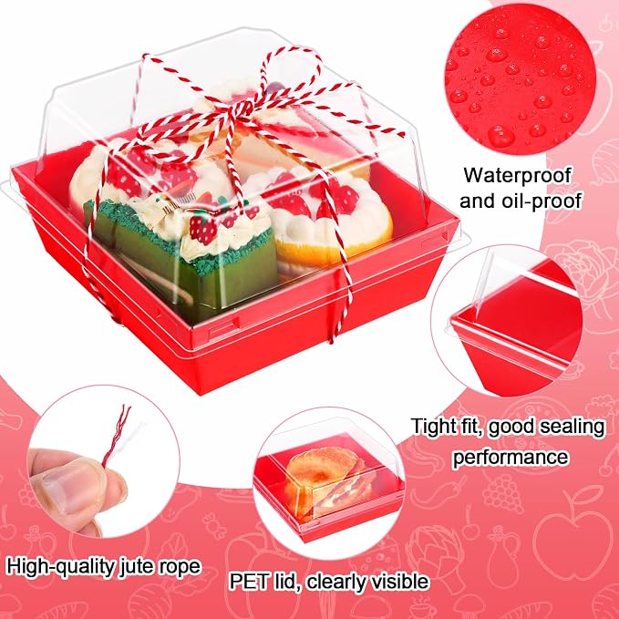 Jetec 150 Pack Charcuterie Boxes with Clear Lids and Rope 4 Inches Cake Disposable Square Dessert Food Box Containers with Lids for Bakery Macaron Cookies Strawberries Fruits Display (Red)