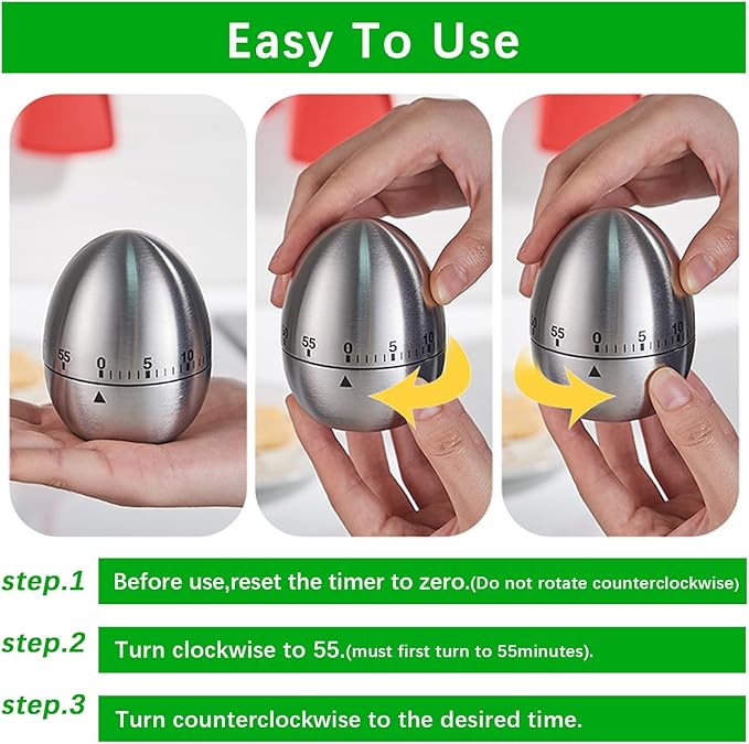Stainless Steel Mechanical Kitchen Timer, Classic Egg Shape 60-Minute Manual Countdown, Professional Matte Silver Visual Timer for Hard Boiled Eggs, Baking & Professional Chef (Silver)