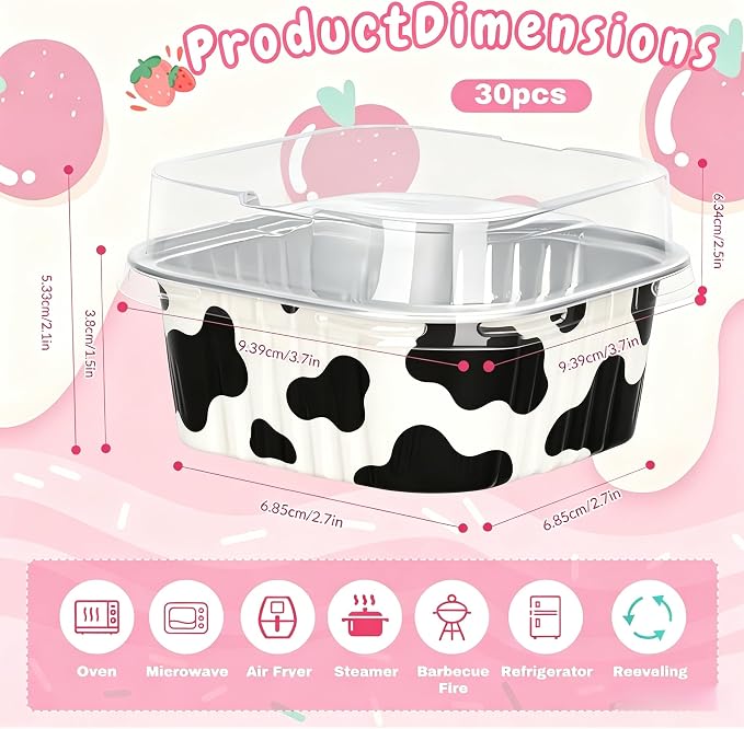 30Pack 5oz Cow Mini Cake Pans with Lids Baking Cups Aluminum Foil Pans Tins, Individual Dessert Cups Containers for Sales,Party,Picnics