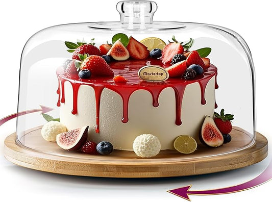 MASTERTOP Cake Stand with Dome Lid - 360° Rotation Cake Stand, 12in Round Cake Holder, 2-in-1 Dessert Table Display Set for Wedding/Birthday/Kitchen/Party
