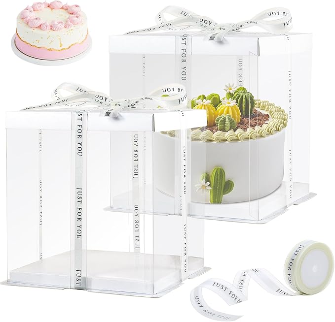 8Pcs Clear Cake Box with Ribbon 2-Layer 10x10x9 Inch, Transparent Cake Box with Lids, Tall Cake Boxes, Transport Gift Boxes for Birthday Wedding Valentine'Day.(Clear, 10 * 10 * 9inch/8pcs)