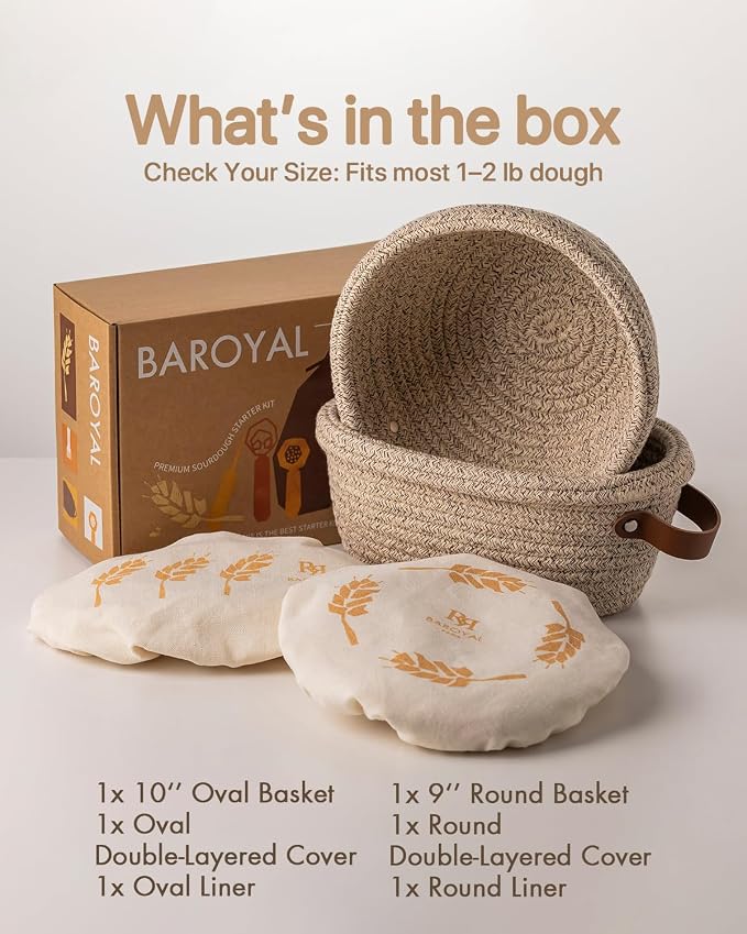 Crispier Crust Cotton Rope Banneton Bread Proofing Basket Set, Oval & Round Bread Baskets with Liners & Covers for Artisan Bread Baking, Sourdough Bread Baking Supplies(Natural)