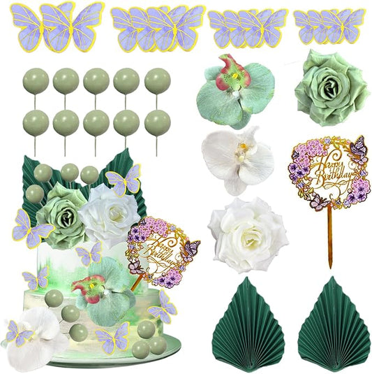27 PCS Flower Cake Decorations Green Cake Decorations Boho Butterfly Cake Toppers with Rose Artifical Flowers Palm Leaves Balls Happy Birthday Cake Topper for Birthday Party Wedding Baby Shower